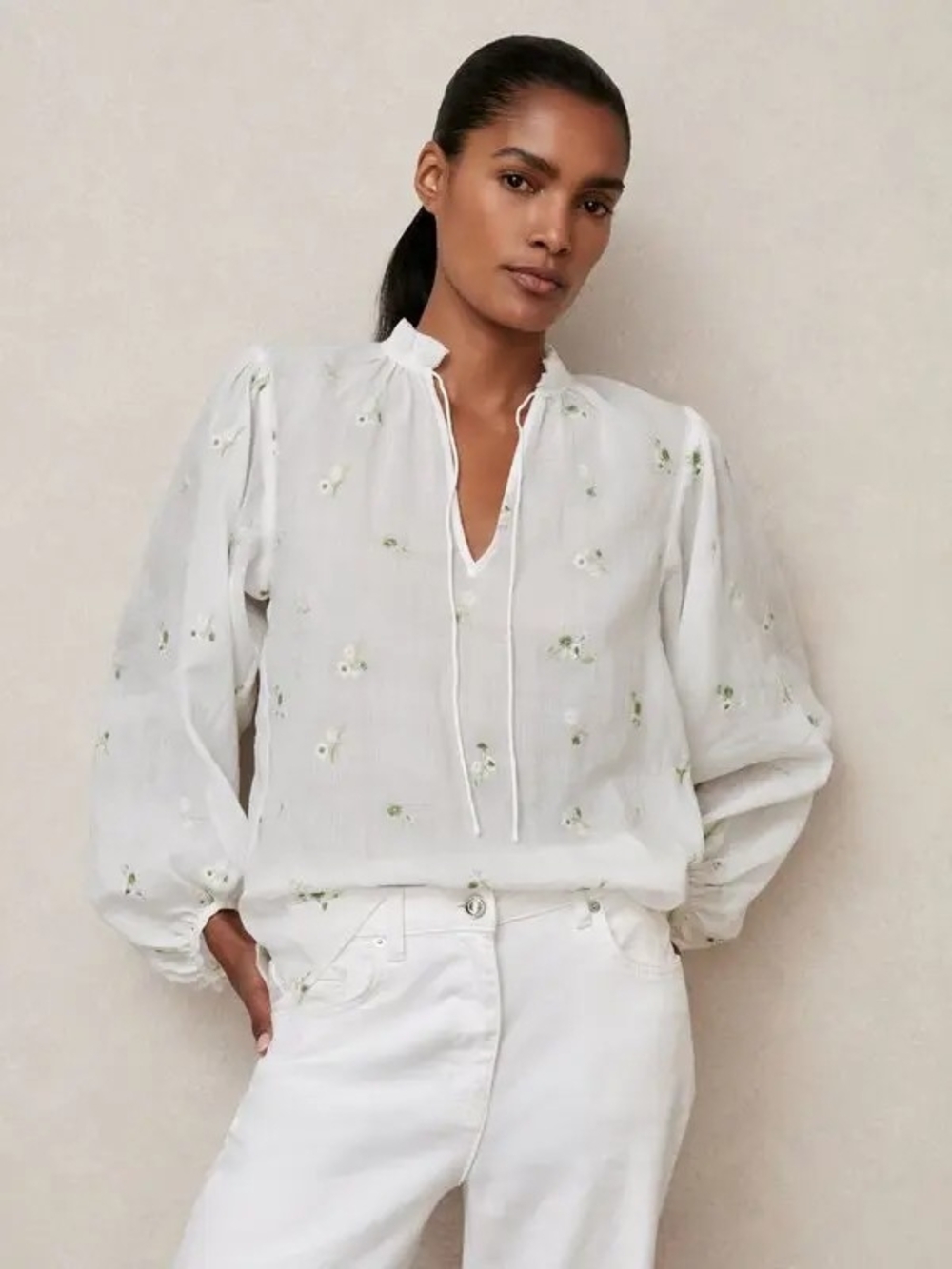 NWat White Floral-Embroidered Peasant Blouse with Tie Neck